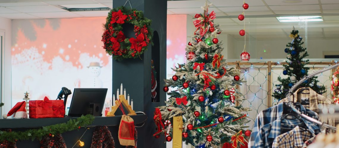 Image of a decorated work office for Christmas to accompany a new post with Saracen Fire Protection's Christmas Fire Safety Tips for Your Workspace: